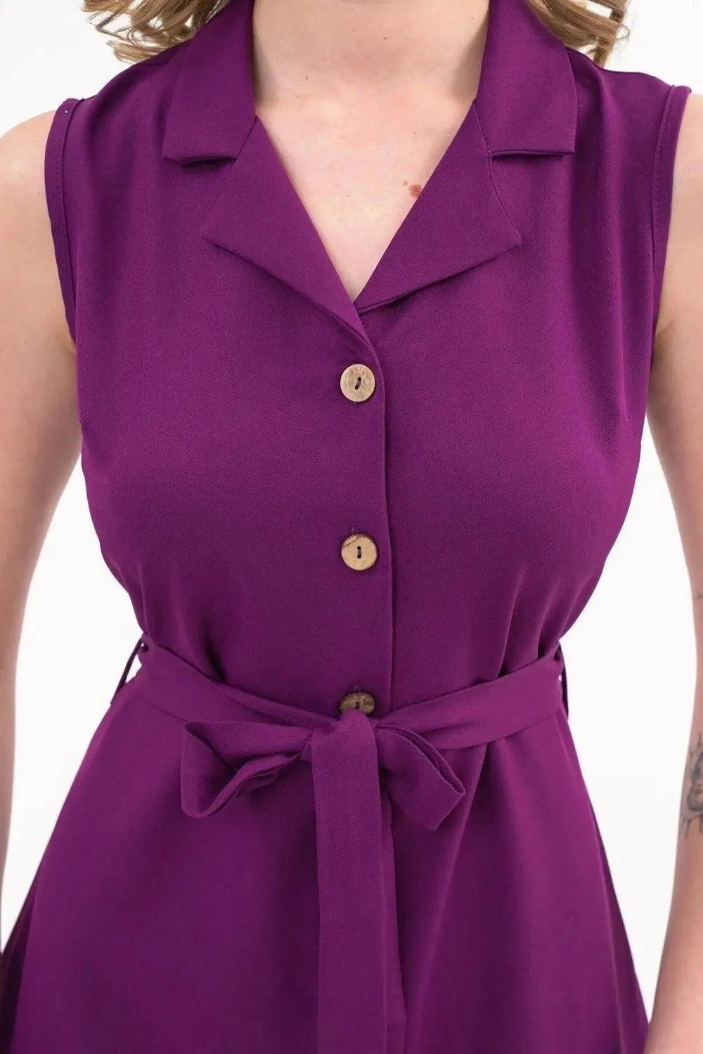 Apsen Kadın Mor Gömlek Yaka Düğmeli Kolsuz Yazlık Kısa Elbise 433