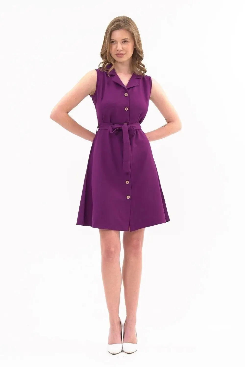 Apsen Kadın Mor Gömlek Yaka Düğmeli Kolsuz Yazlık Kısa Elbise 433