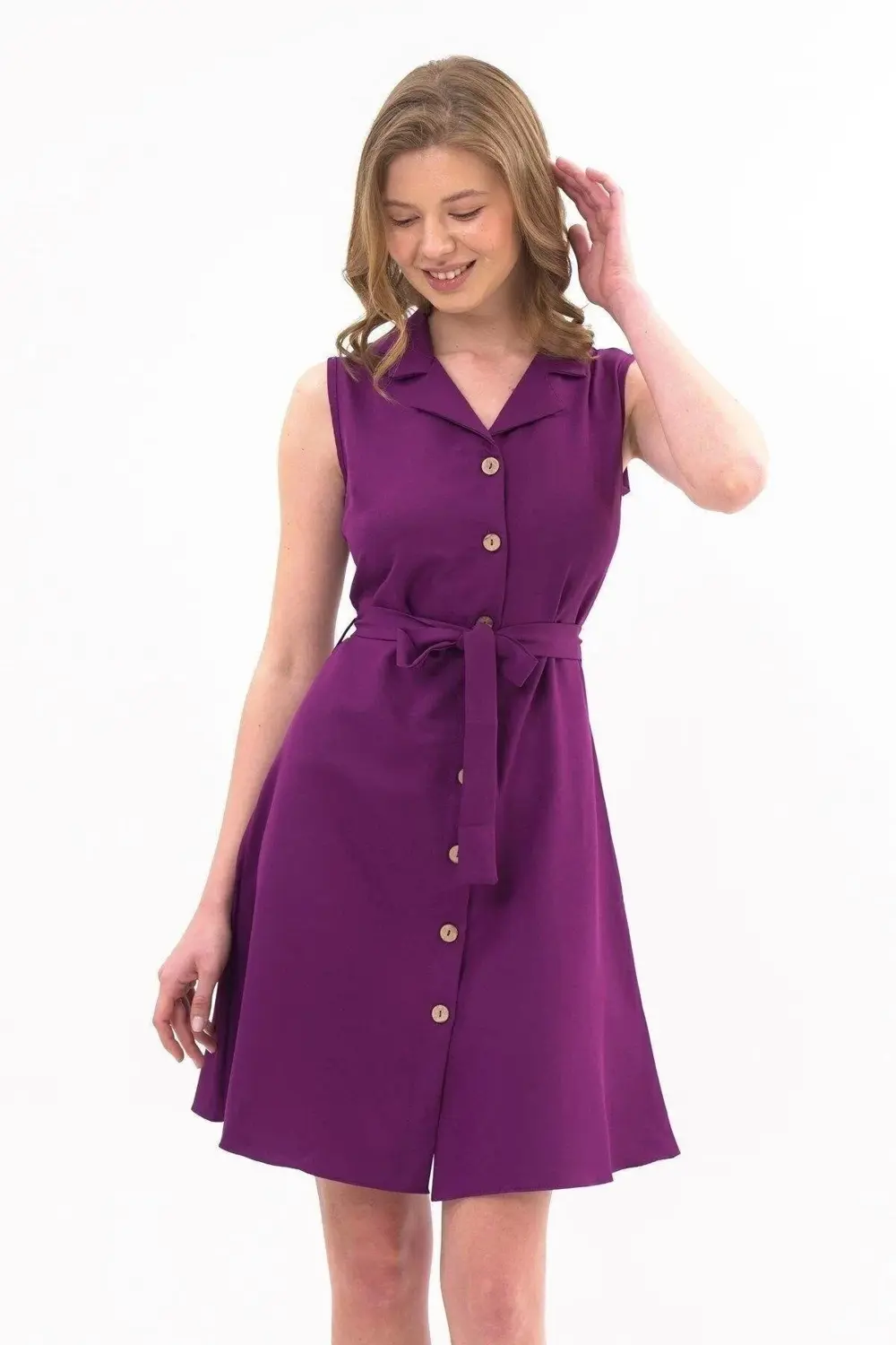 Apsen Kadın Mor Gömlek Yaka Düğmeli Kolsuz Yazlık Kısa Elbise 433