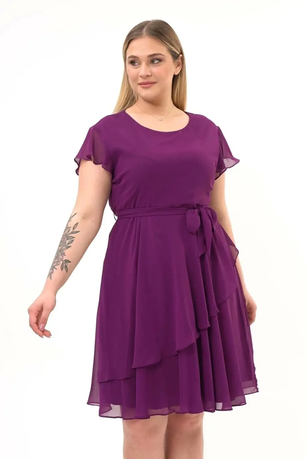 Apsen  Kadın Mor Volan Detaylı Midi Büyük Beden Şifon Elbise 4337-