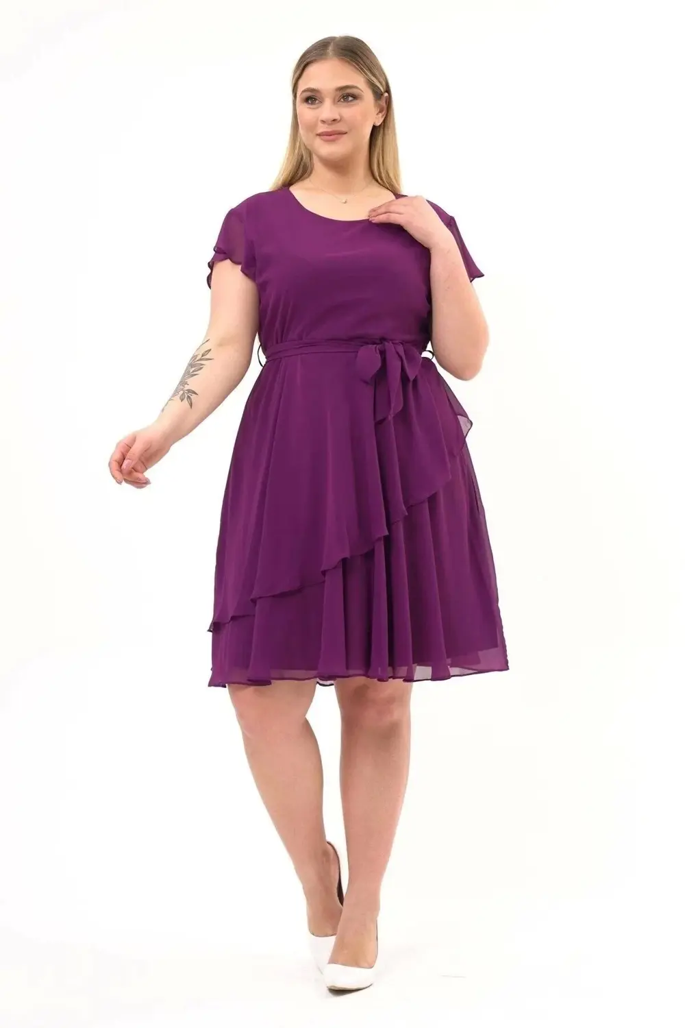 Apsen  Kadın Mor Volan Detaylı Midi Büyük Beden Şifon Elbise 4337-