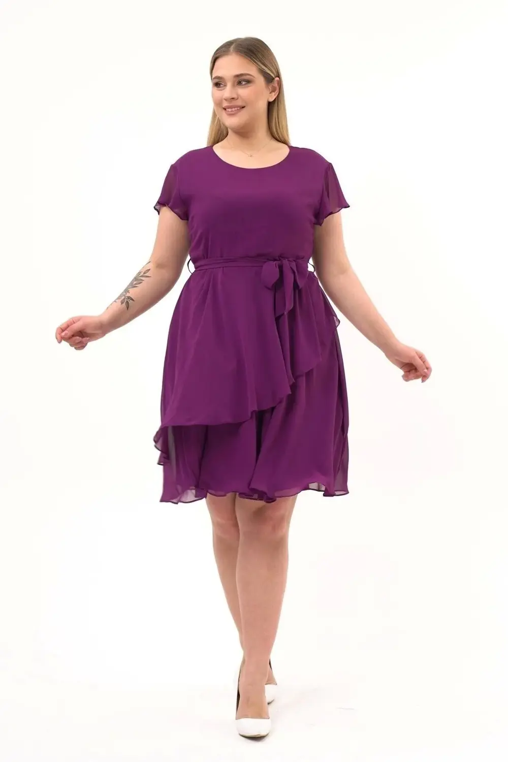 Apsen  Kadın Mor Volan Detaylı Midi Büyük Beden Şifon Elbise 4337-