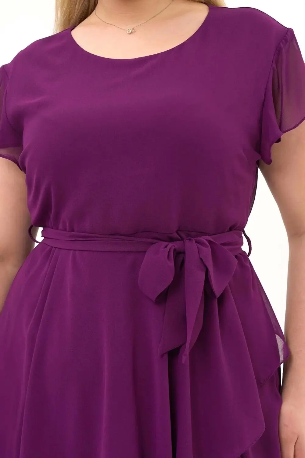 Apsen  Kadın Mor Volan Detaylı Midi Büyük Beden Şifon Elbise 4337-