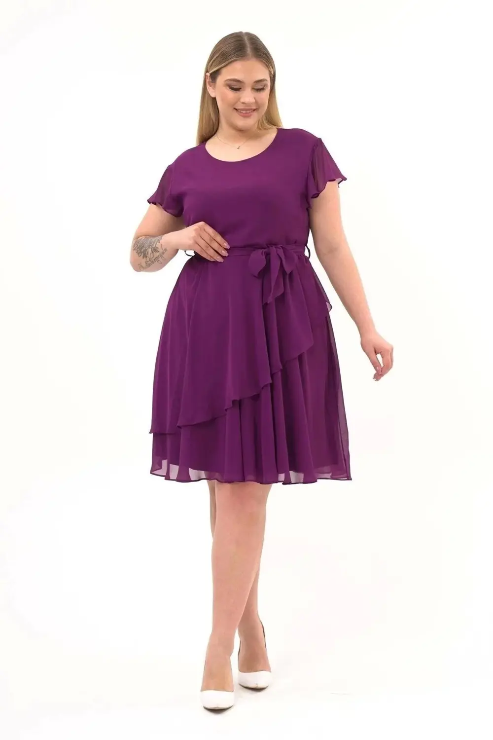 Apsen  Kadın Mor Volan Detaylı Midi Büyük Beden Şifon Elbise 4337-