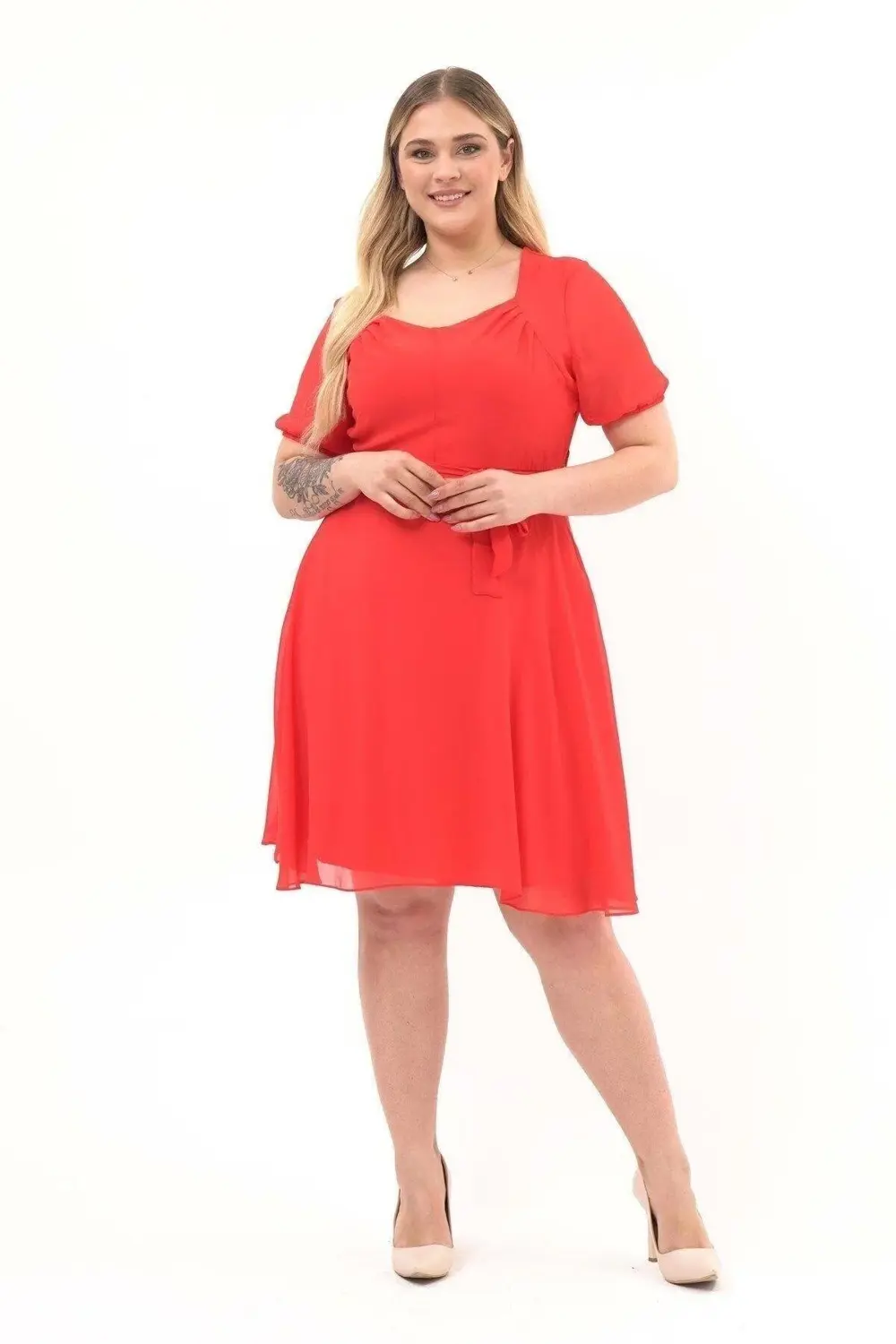 Apsen Kadın Narçiçeği Yaka Pileli Detaylı Kısa Kol Midi Boy Şifon