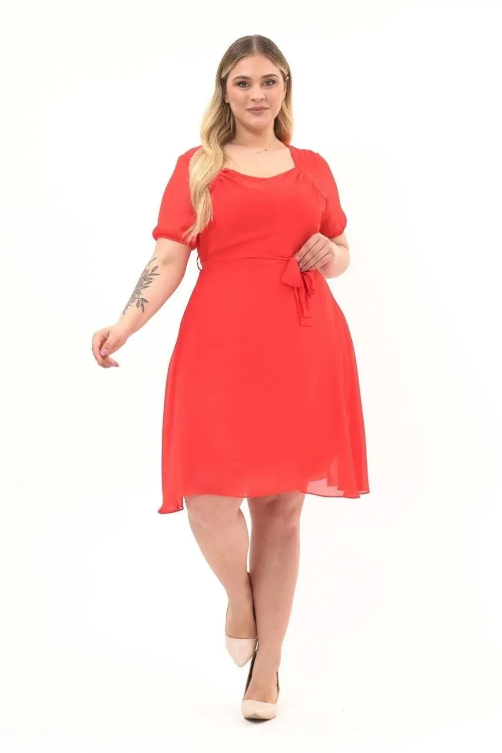 Apsen Kadın Narçiçeği Yaka Pileli Detaylı Kısa Kol Midi Boy Şifon