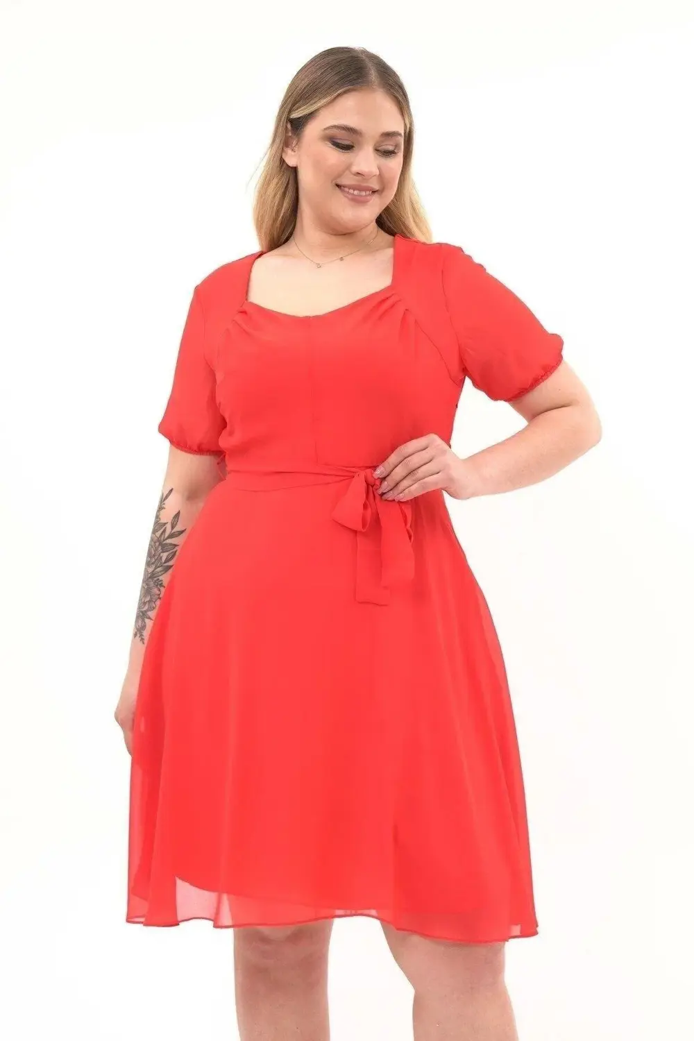 Apsen Kadın Narçiçeği Yaka Pileli Detaylı Kısa Kol Midi Boy Şifon