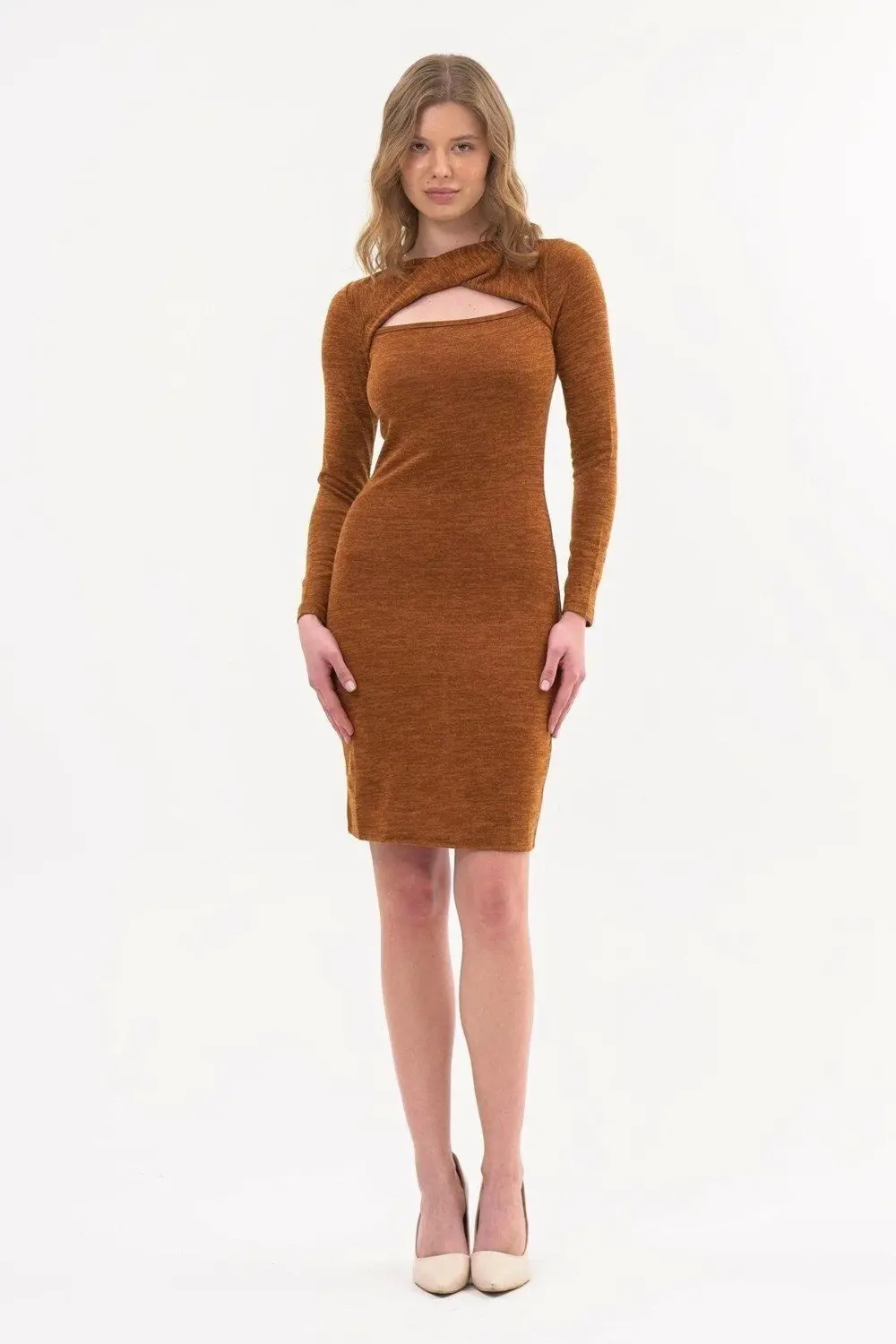 Apsen Kadın pencereli Uzun Kol Detaylı kısa Kışlık Triko Elbise 4