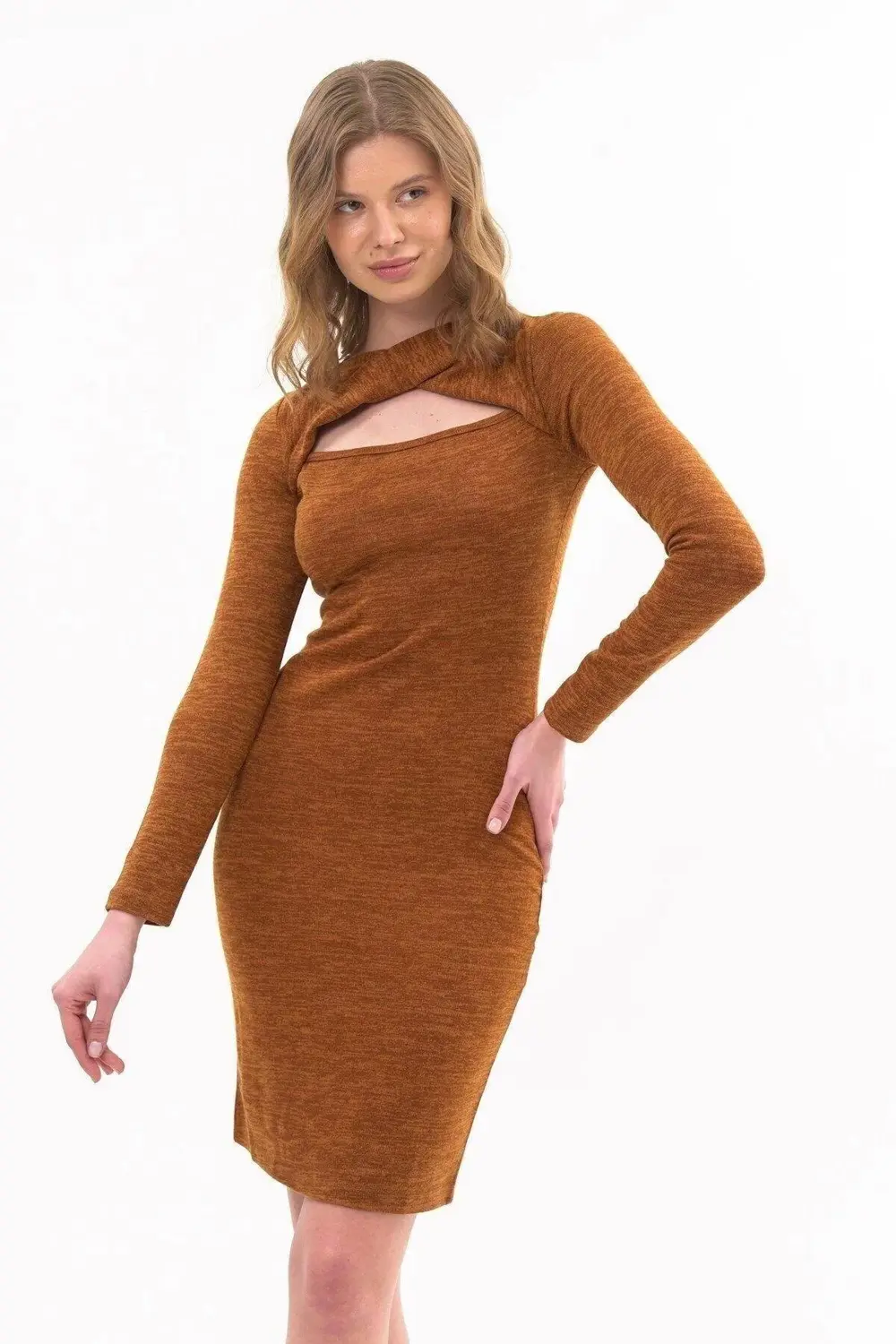 Apsen Kadın pencereli Uzun Kol Detaylı kısa Kışlık Triko Elbise 4