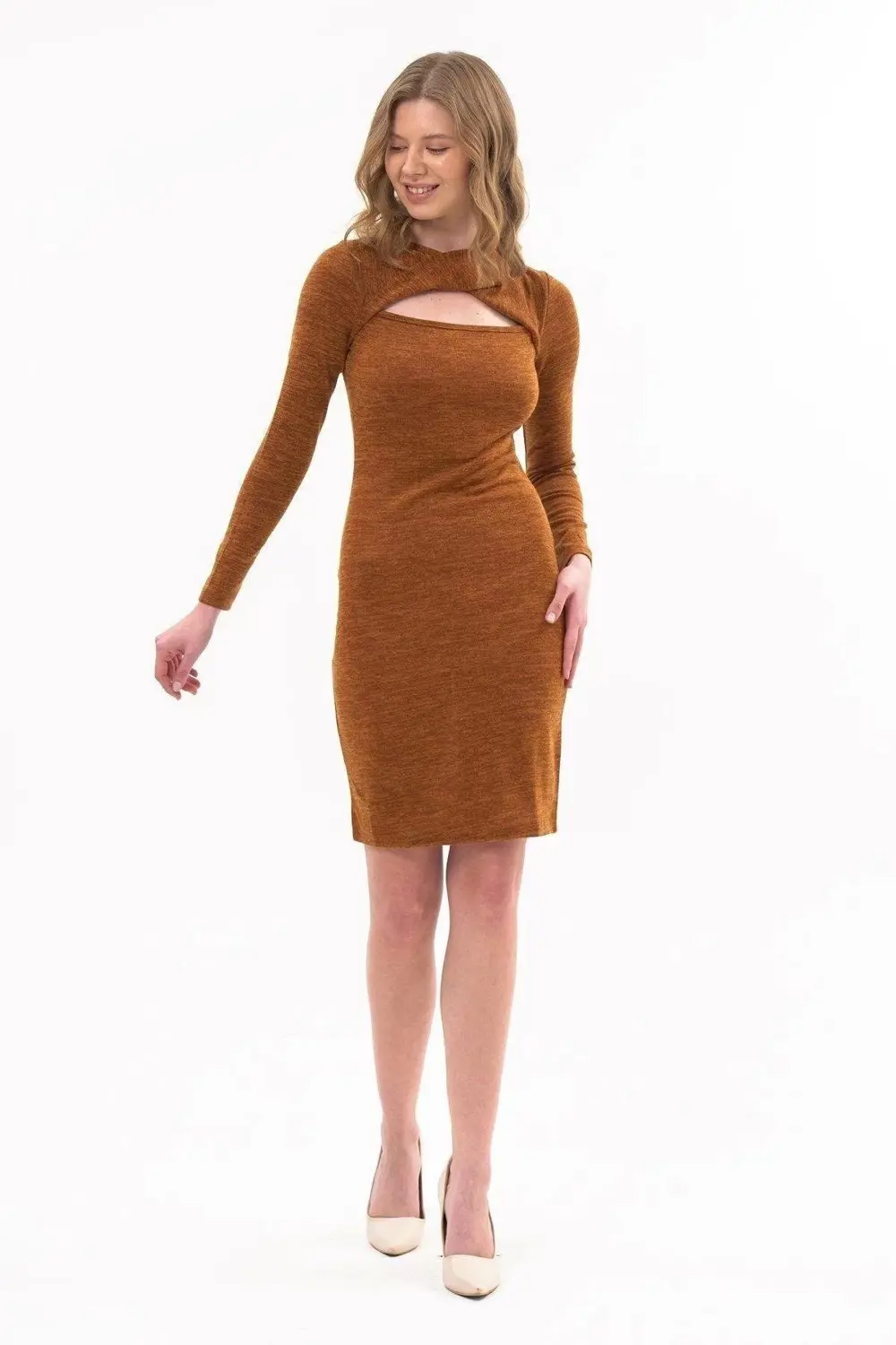 Apsen Kadın pencereli Uzun Kol Detaylı kısa Kışlık Triko Elbise 4