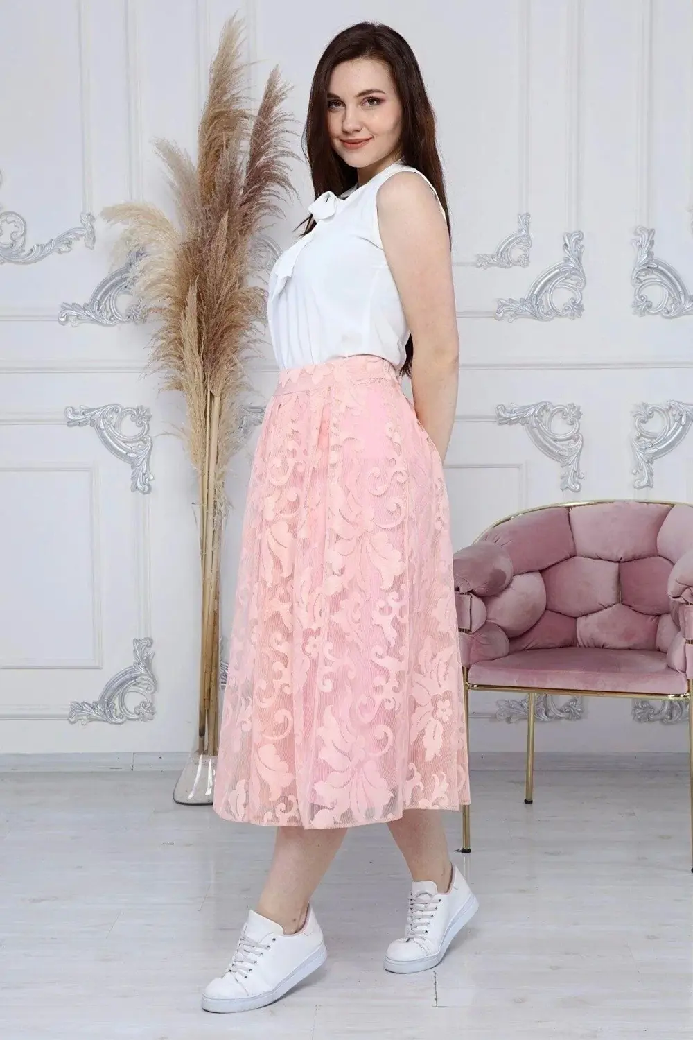 Apsen Kadın Pudra Pile Detaylı Kloş Uzun Boy Dantel Yazlık Etek 2