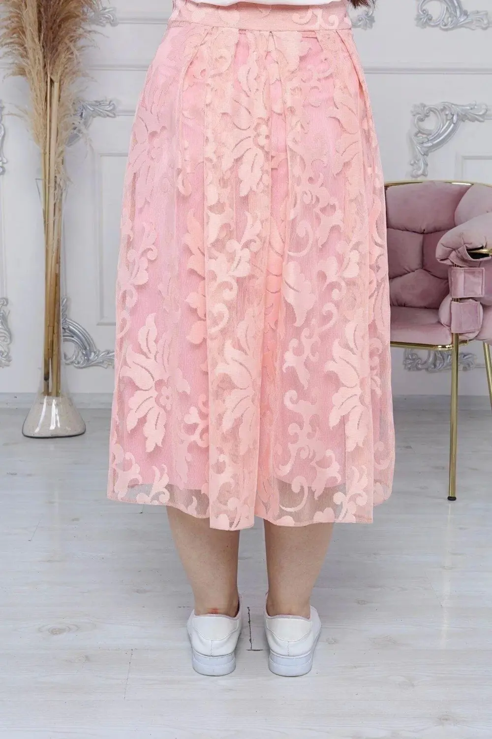 Apsen Kadın Pudra Pile Detaylı Kloş Uzun Boy Dantel Yazlık Etek 2