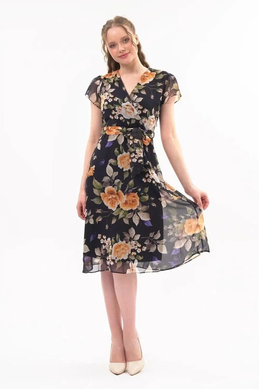 Apsen Kadın Renk Hardal Bağlama Detaylı Kruvaze Yaka Midi Boy Des