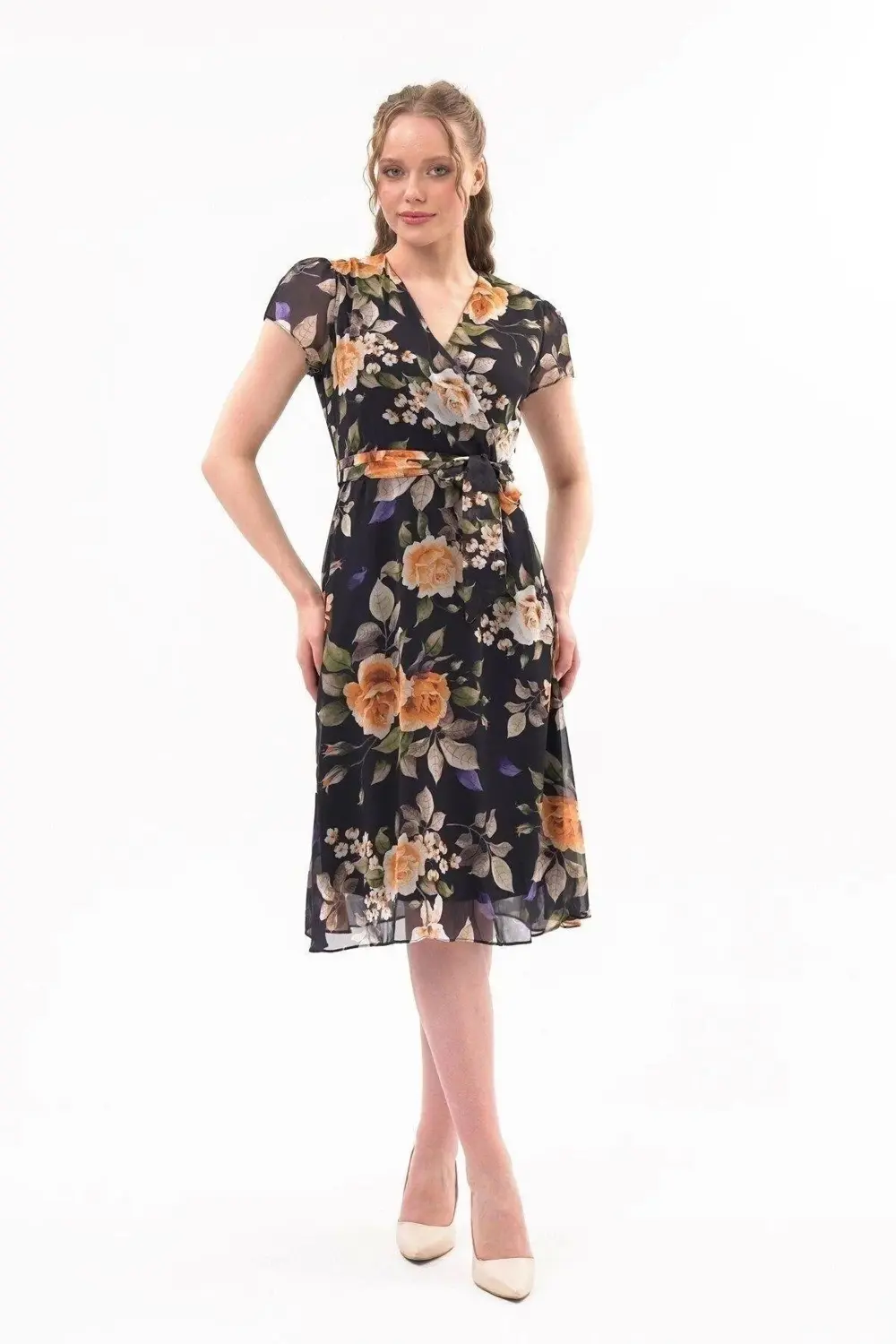 Apsen Kadın Renk Hardal Bağlama Detaylı Kruvaze Yaka Midi Boy Des