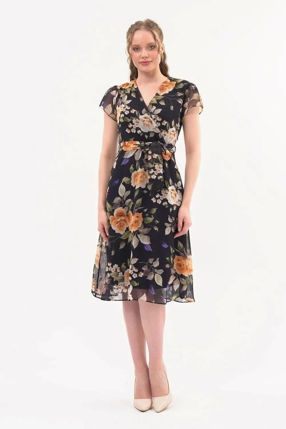 Apsen Kadın Renk Hardal Bağlama Detaylı Kruvaze Yaka Midi Boy Des