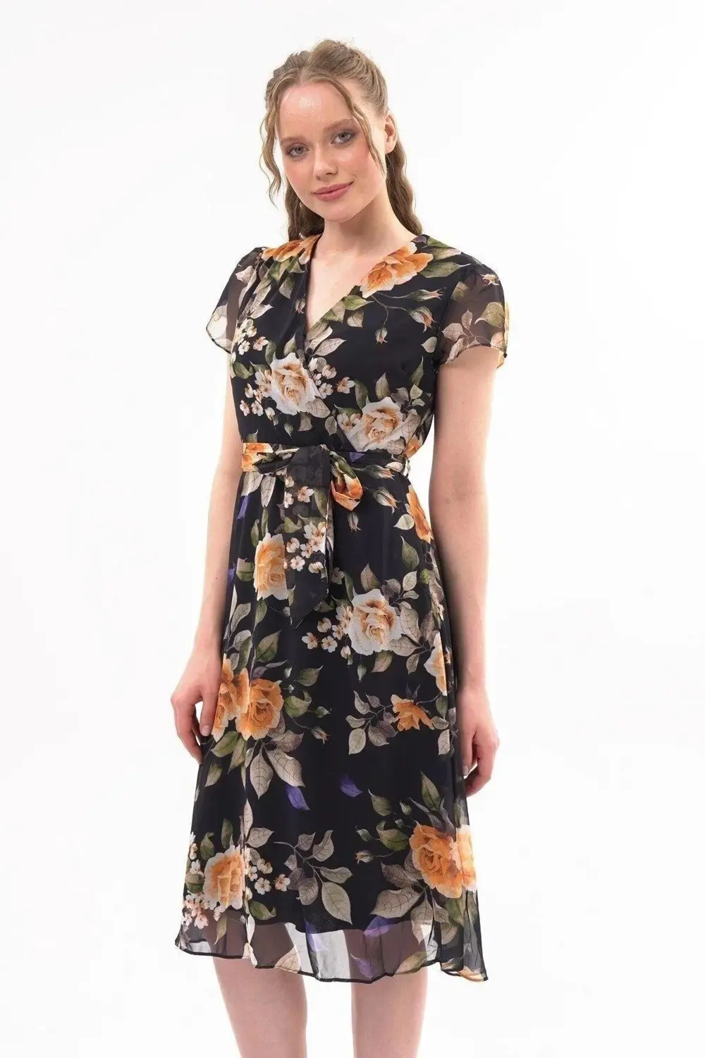 Apsen Kadın Renk Hardal Bağlama Detaylı Kruvaze Yaka Midi Boy Des