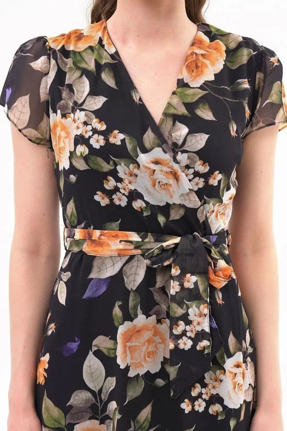 Apsen Kadın Renk Hardal Bağlama Detaylı Kruvaze Yaka Midi Boy Des