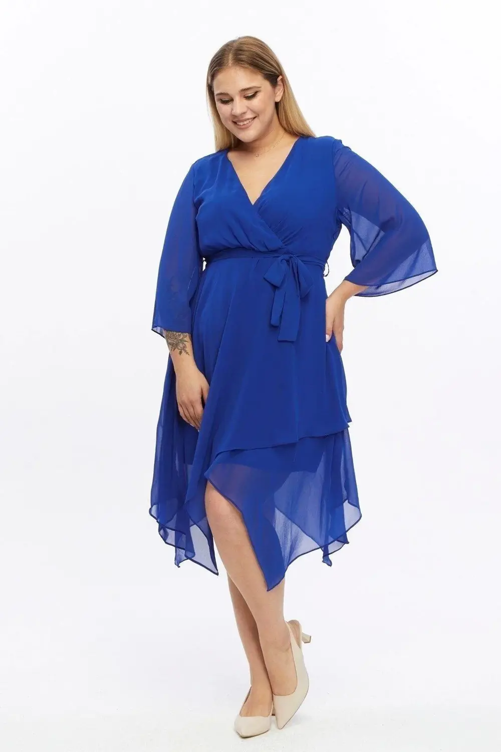 Apsen  Kadın Saks Kruvaze Yaka Kol Detaylı Midi Boy Şifon Elbise 4