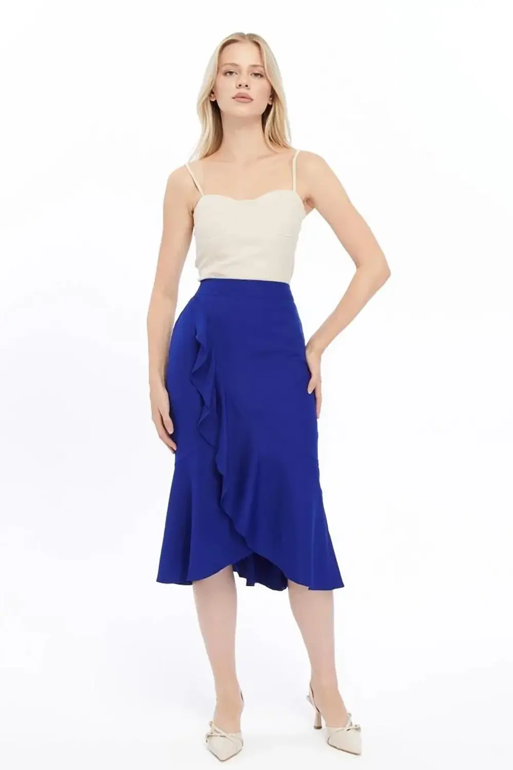 Apsen Kadın Saks Mevsimlik Volanlı Midi Boy Krep Etek 2123-80
