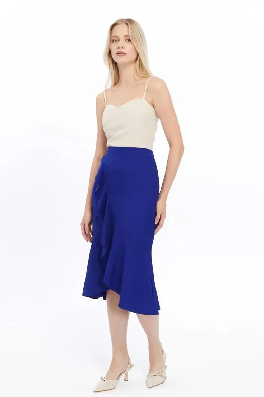 Apsen Kadın Saks Mevsimlik Volanlı Midi Boy Krep Etek 2123-80