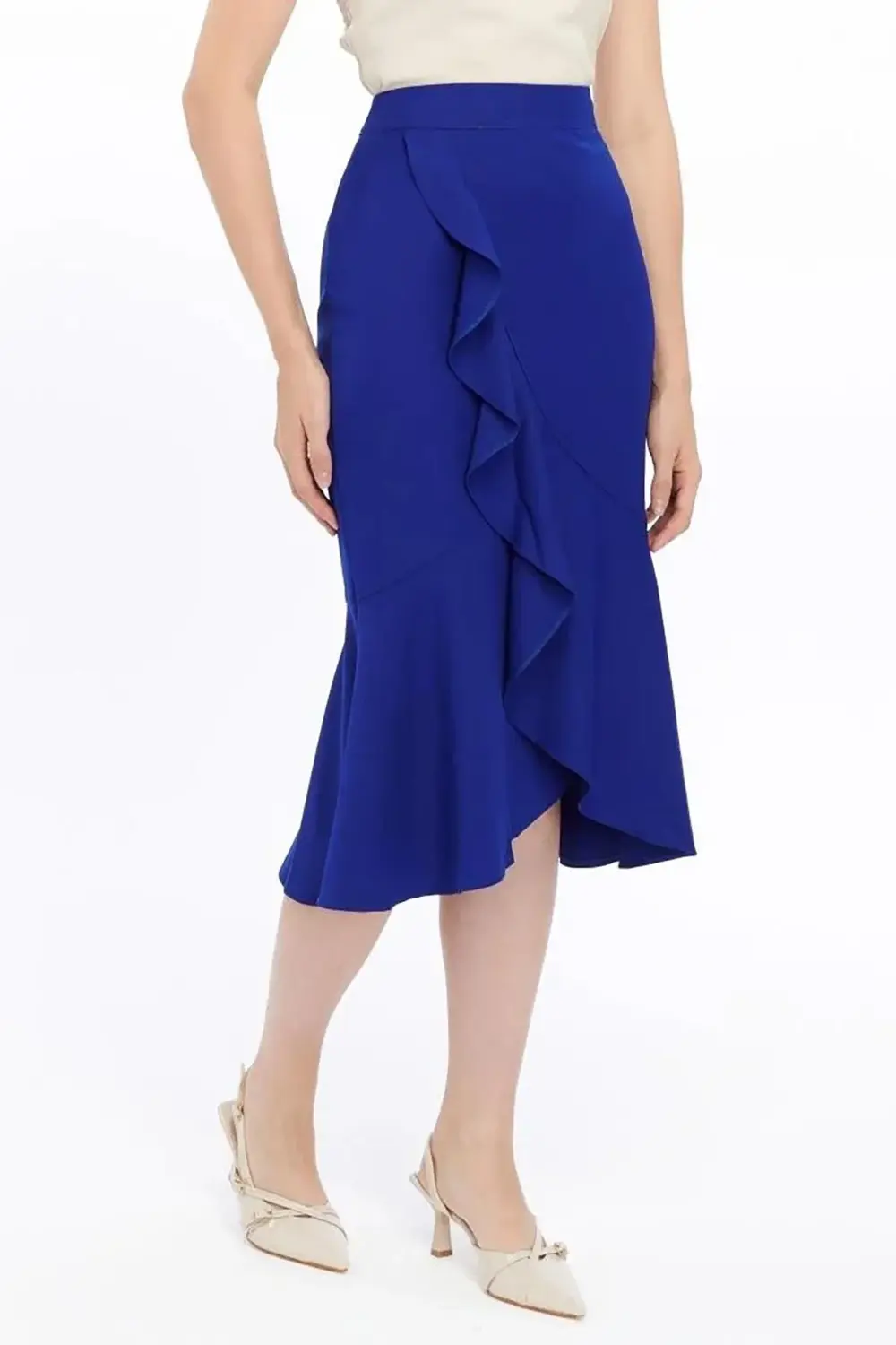 Apsen Kadın Saks Mevsimlik Volanlı Midi Boy Krep Etek 2123-80