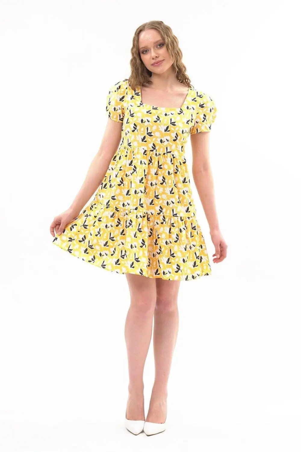 Apsen Kadın Sarı Kare Yaka Büzgü Detaylı Mini Elbise 4447-95