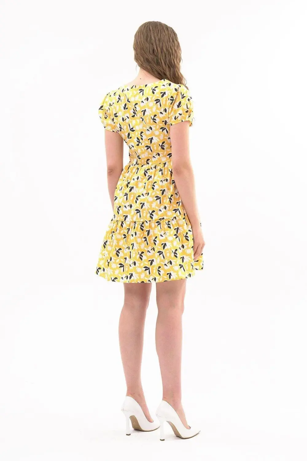 Apsen Kadın Sarı Kare Yaka Büzgü Detaylı Mini Elbise 4447-95