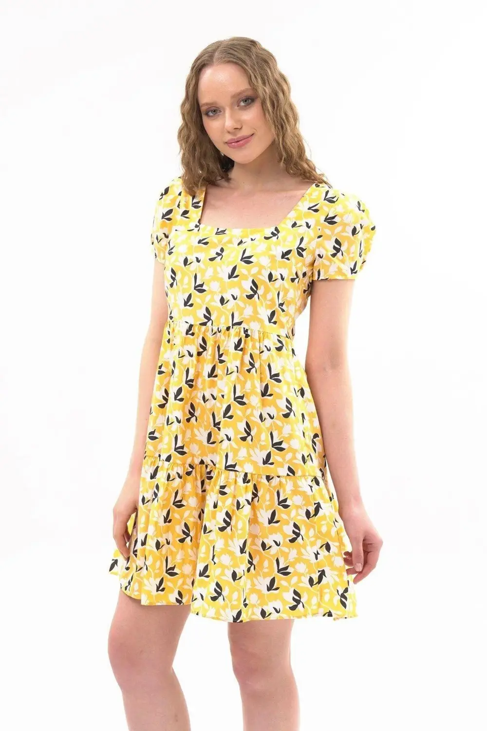 Apsen Kadın Sarı Kare Yaka Büzgü Detaylı Mini Elbise 4447-95