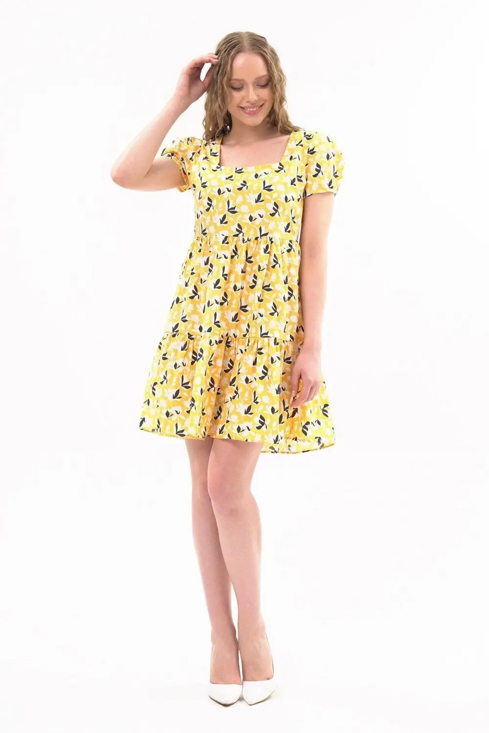 Apsen Kadın Sarı Kare Yaka Büzgü Detaylı Mini Elbise 4447-95