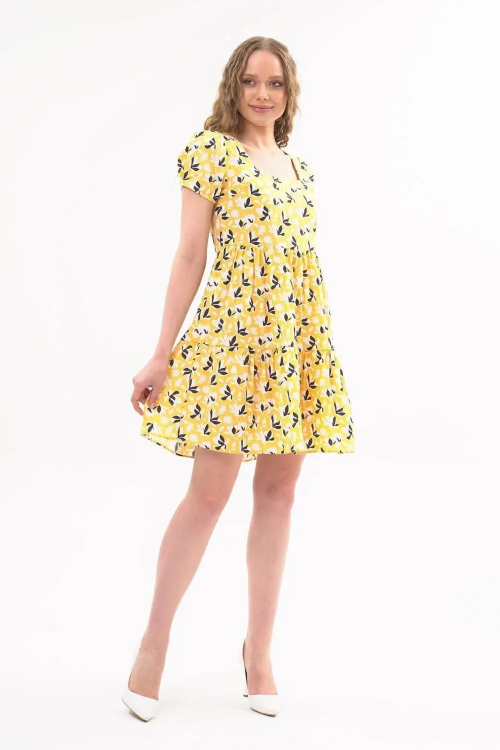 Apsen Kadın Sarı Kare Yaka Büzgü Detaylı Mini Elbise 4447-95
