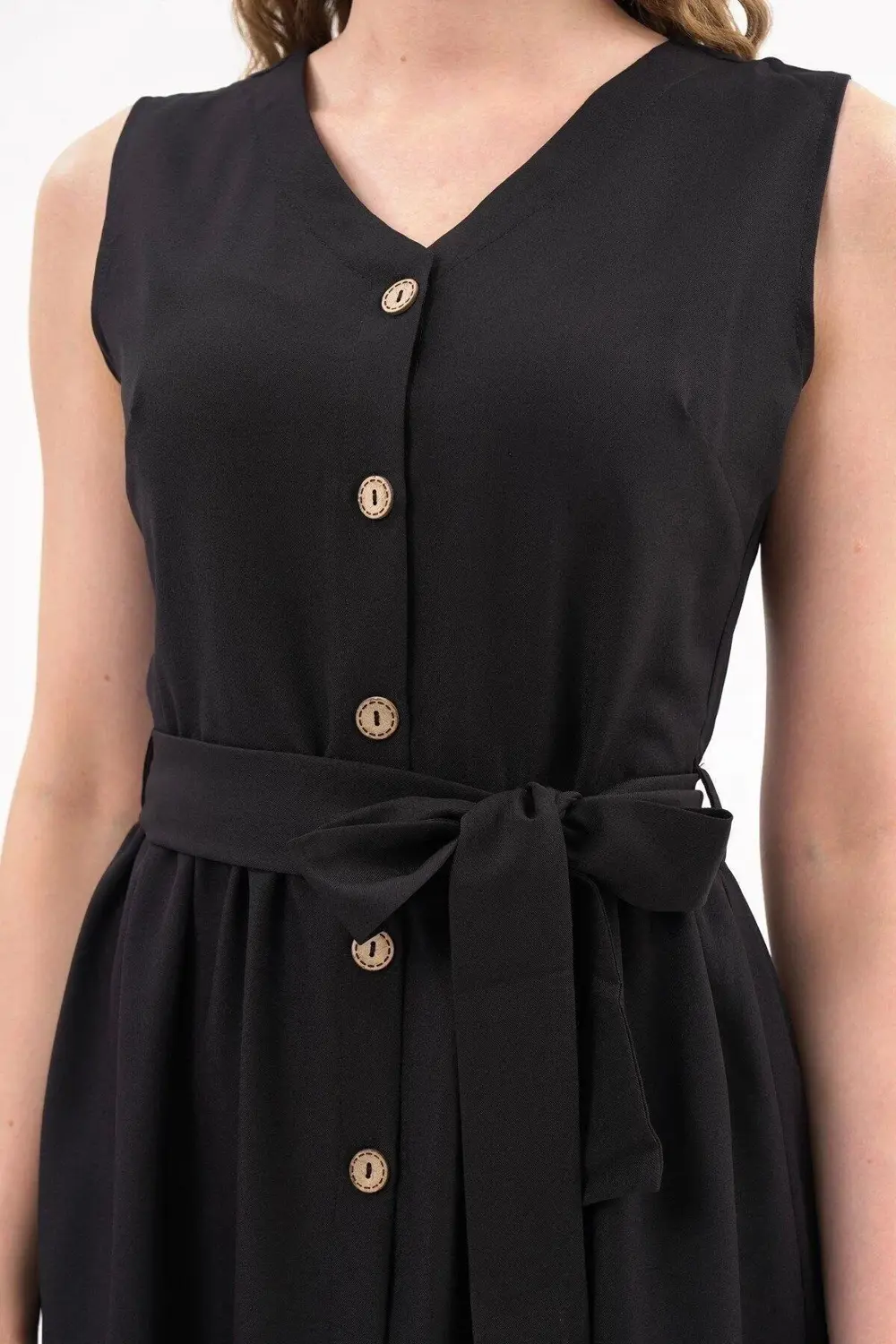 Apsen Kadın Siyah Bağlama Detaylı V Yaka Düğmeli Kolsuz Elbise 43