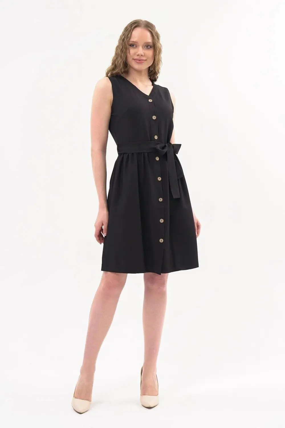 Apsen Kadın Siyah Bağlama Detaylı V Yaka Düğmeli Kolsuz Elbise 43