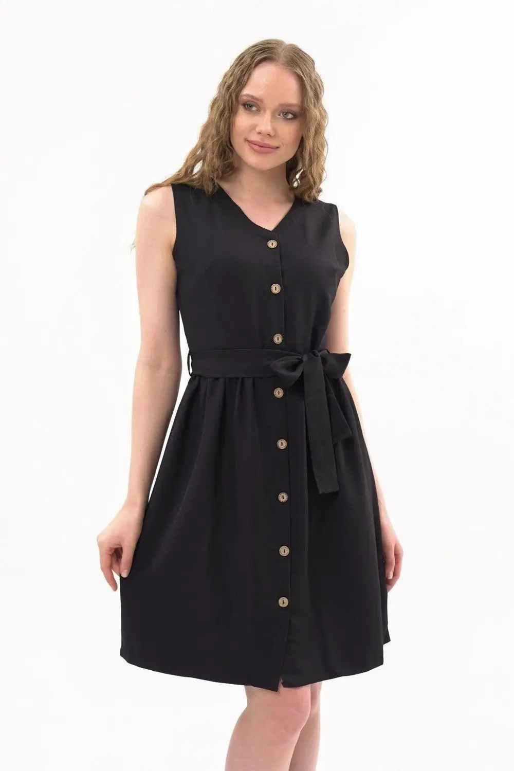 Apsen Kadın Siyah Bağlama Detaylı V Yaka Düğmeli Kolsuz Elbise 43