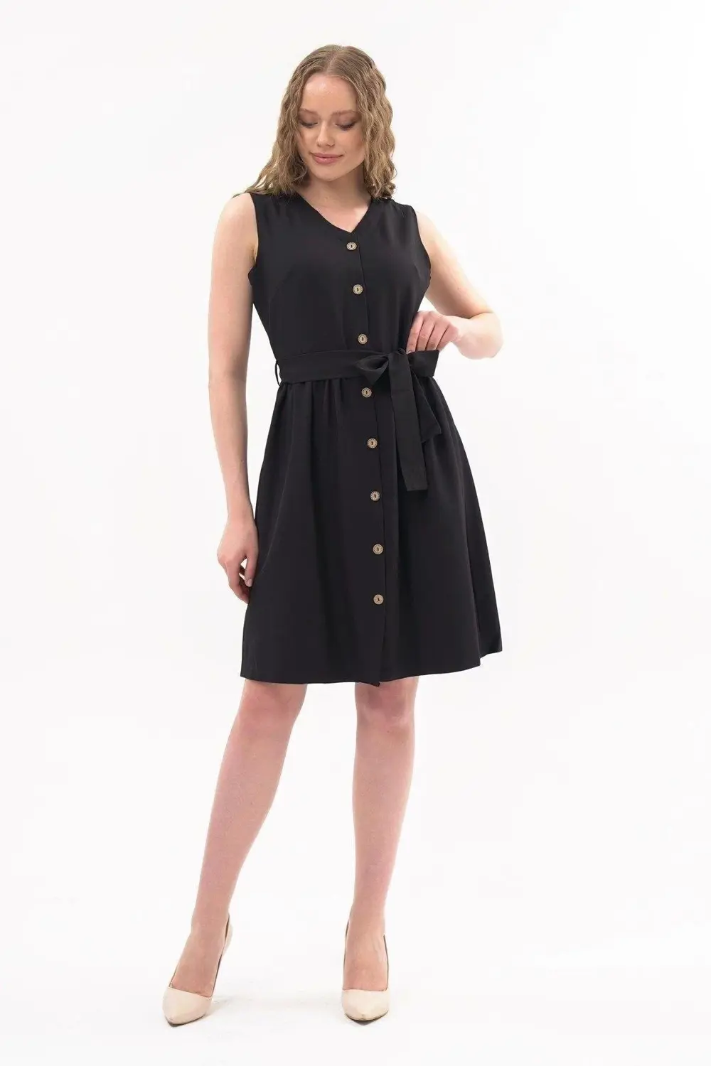 Apsen Kadın Siyah Bağlama Detaylı V Yaka Düğmeli Kolsuz Elbise 43