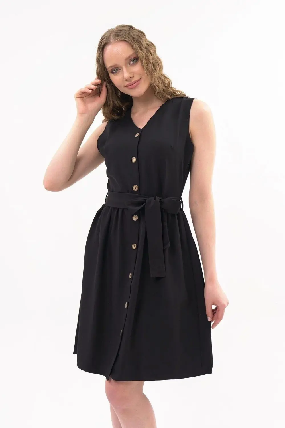 Apsen Kadın Siyah Bağlama Detaylı V Yaka Düğmeli Kolsuz Elbise 43