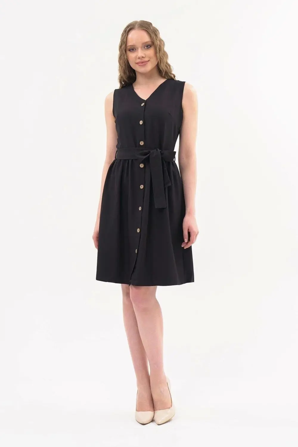 Apsen Kadın Siyah Bağlama Detaylı V Yaka Düğmeli Kolsuz Elbise 43