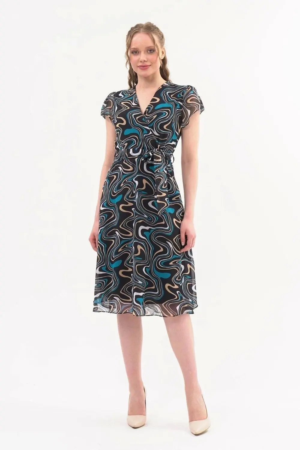 Apsen Kadın Siyah Desen Kruvaze Yaka Midi Boy Şifon Elbise 4445-1