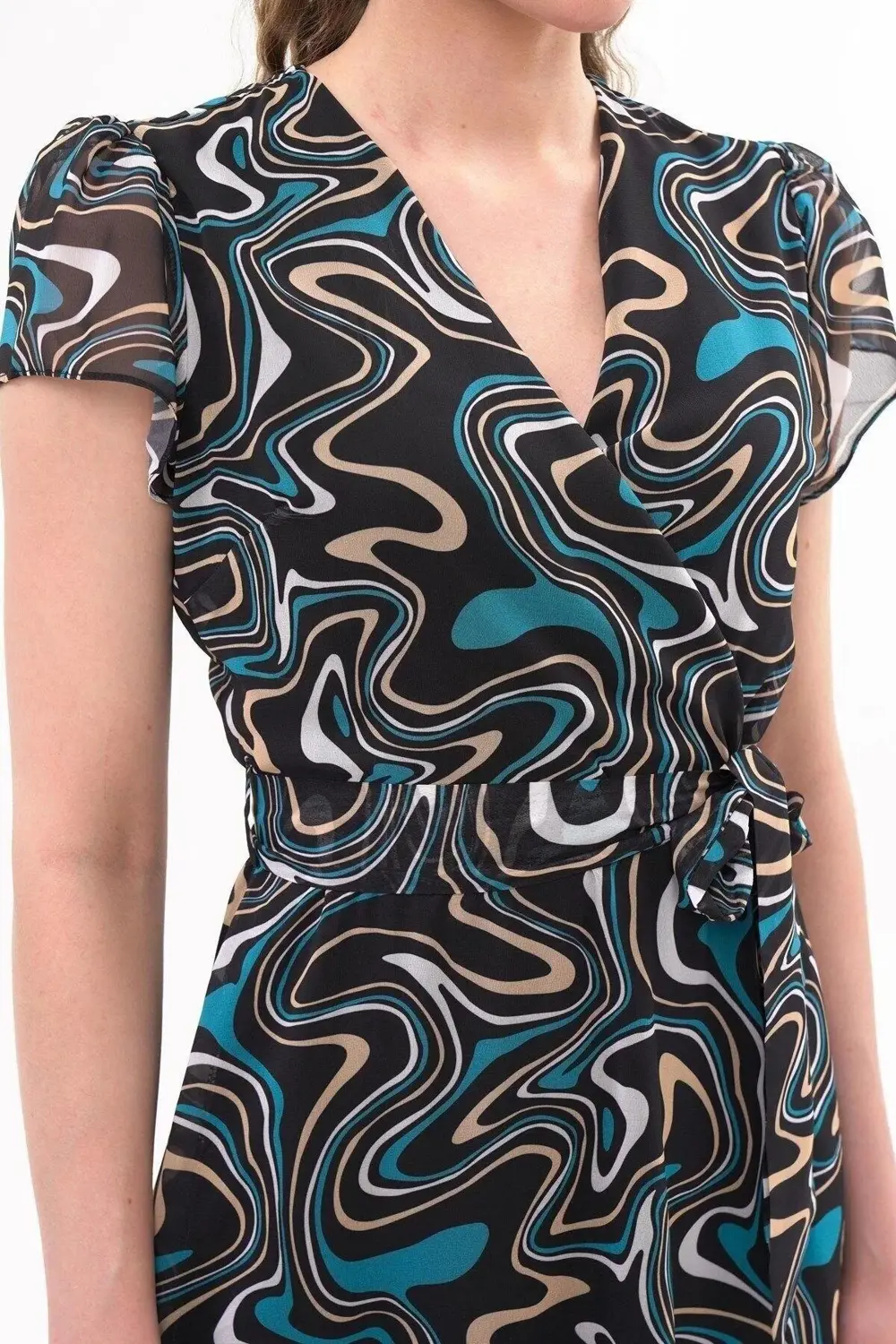 Apsen Kadın Siyah Desen Kruvaze Yaka Midi Boy Şifon Elbise 4445-1