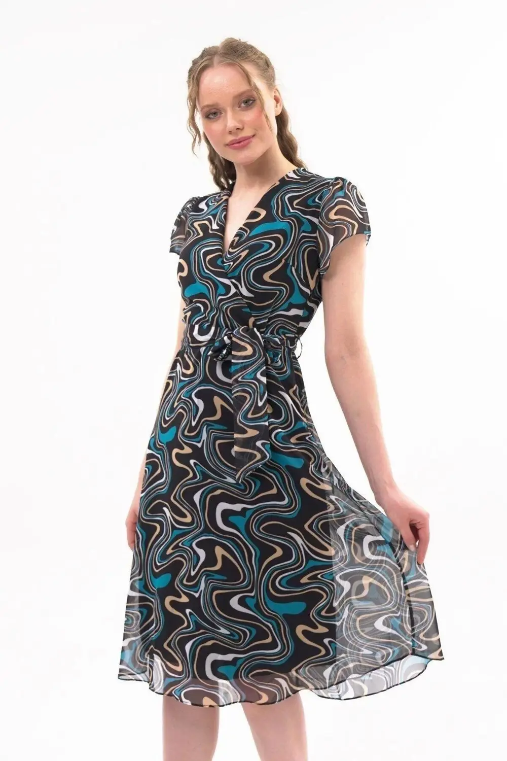 Apsen Kadın Siyah Desen Kruvaze Yaka Midi Boy Şifon Elbise 4445-1