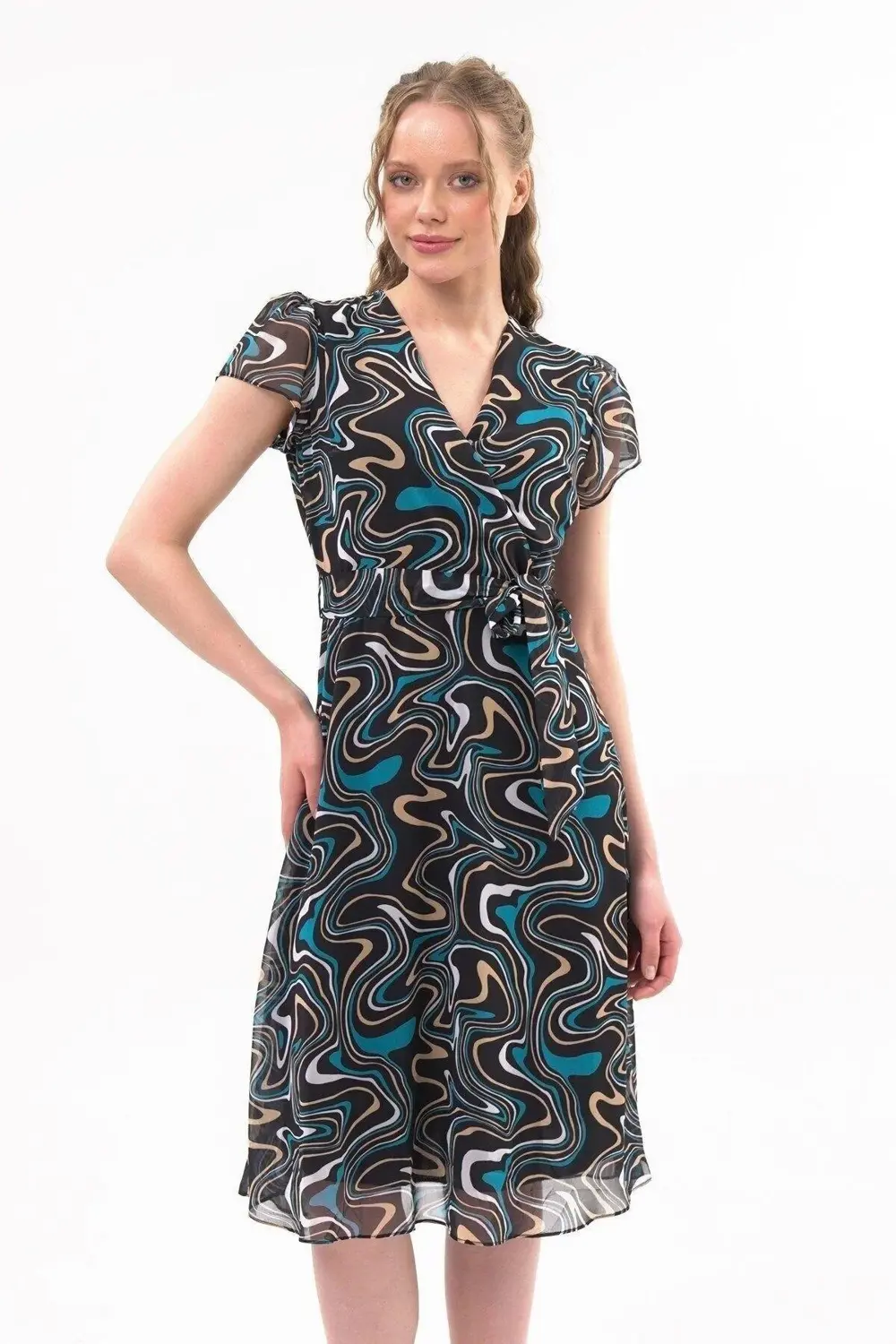 Apsen Kadın Siyah Desen Kruvaze Yaka Midi Boy Şifon Elbise 4445-1