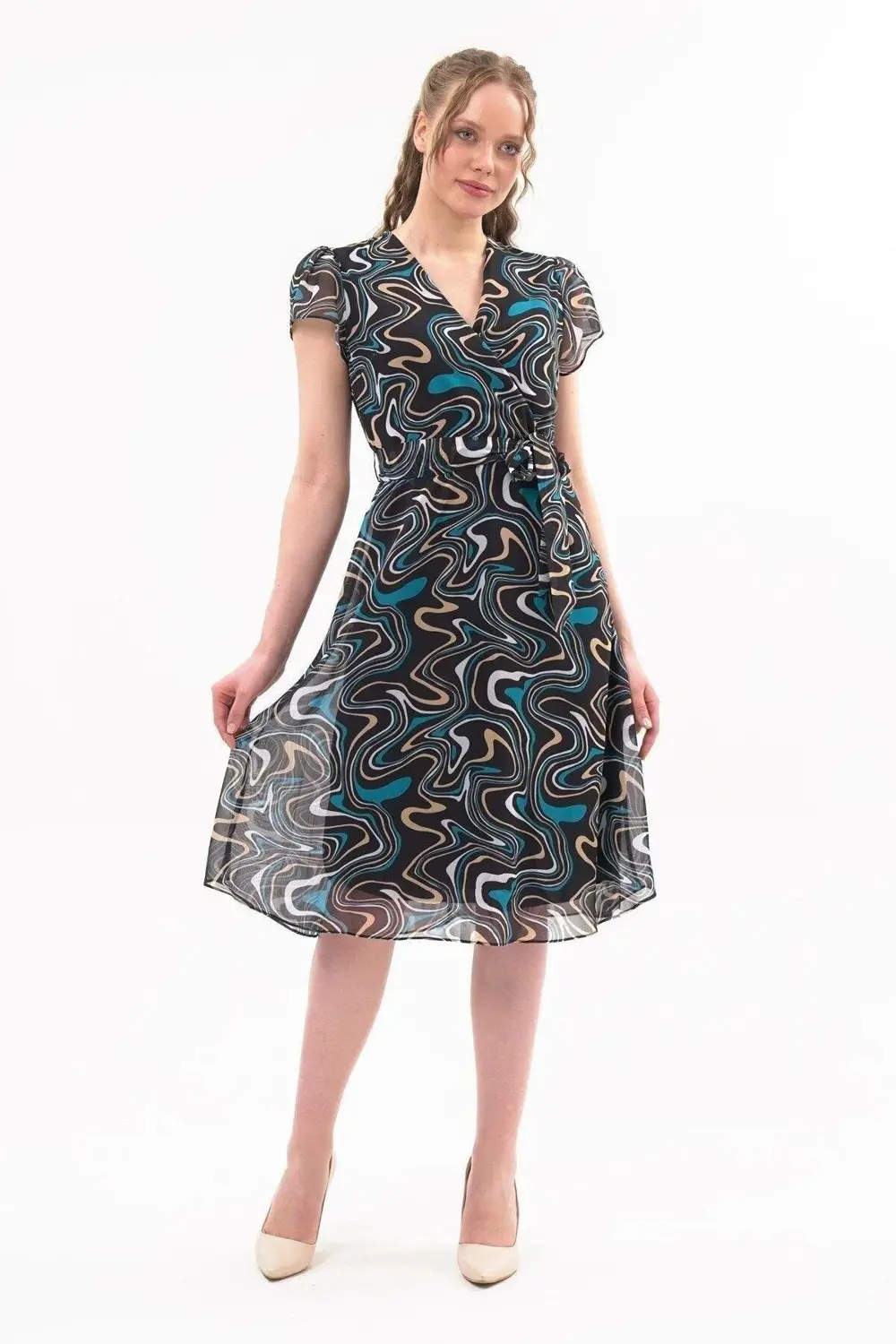 Apsen Kadın Siyah Desen Kruvaze Yaka Midi Boy Şifon Elbise 4445-1