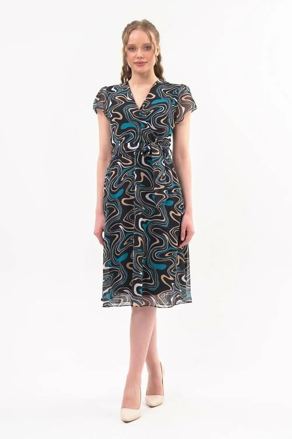 Apsen Kadın Siyah Desen Kruvaze Yaka Midi Boy Şifon Elbise 4445-1