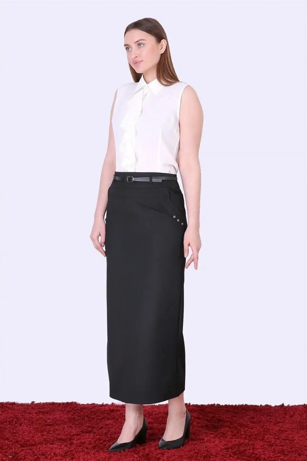 Apsen Kadın Siyah Kemerli Cep Ve Düğme Detaylı Poliviskon Tesettü