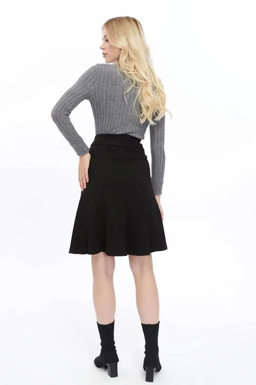 Apsen Kadın Siyah Kışlık Parçalı Midi Boy Kloş Süet Etek 2154-60