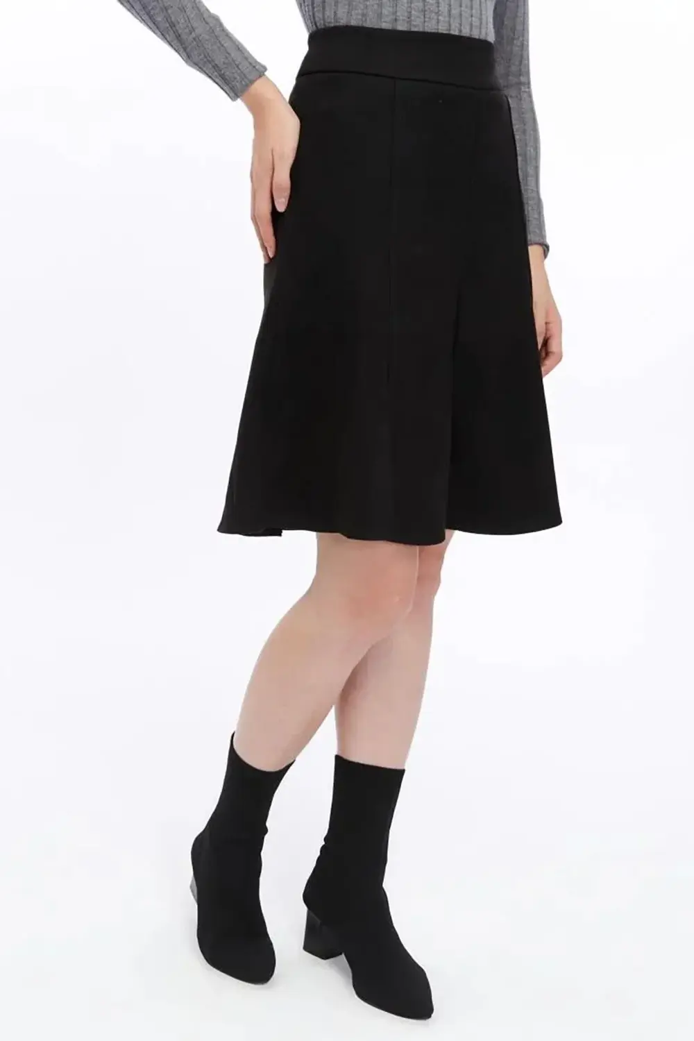 Apsen Kadın Siyah Kışlık Parçalı Midi Boy Kloş Süet Etek 2154-60