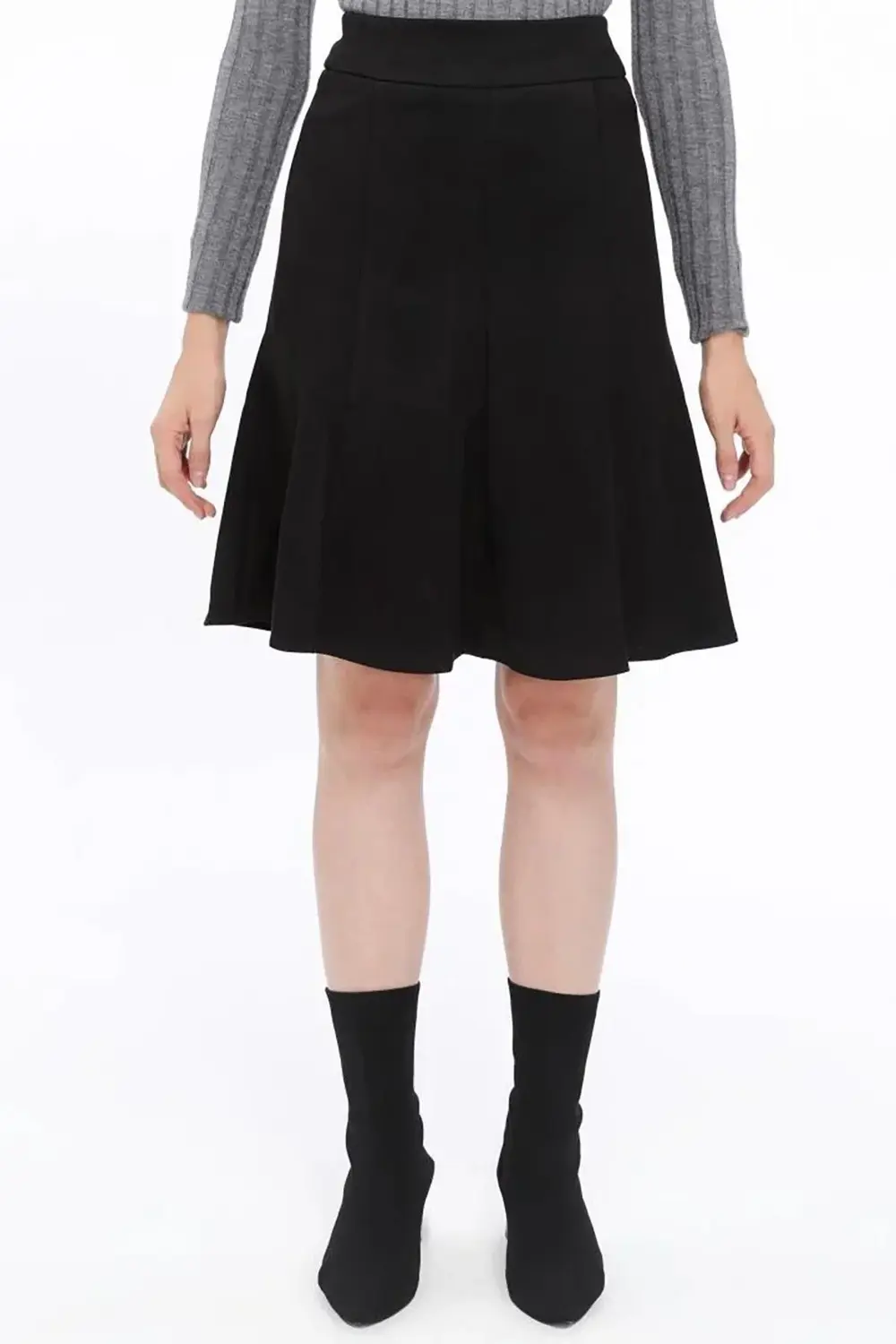 Apsen Kadın Siyah Kışlık Parçalı Midi Boy Kloş Süet Etek 2154-60