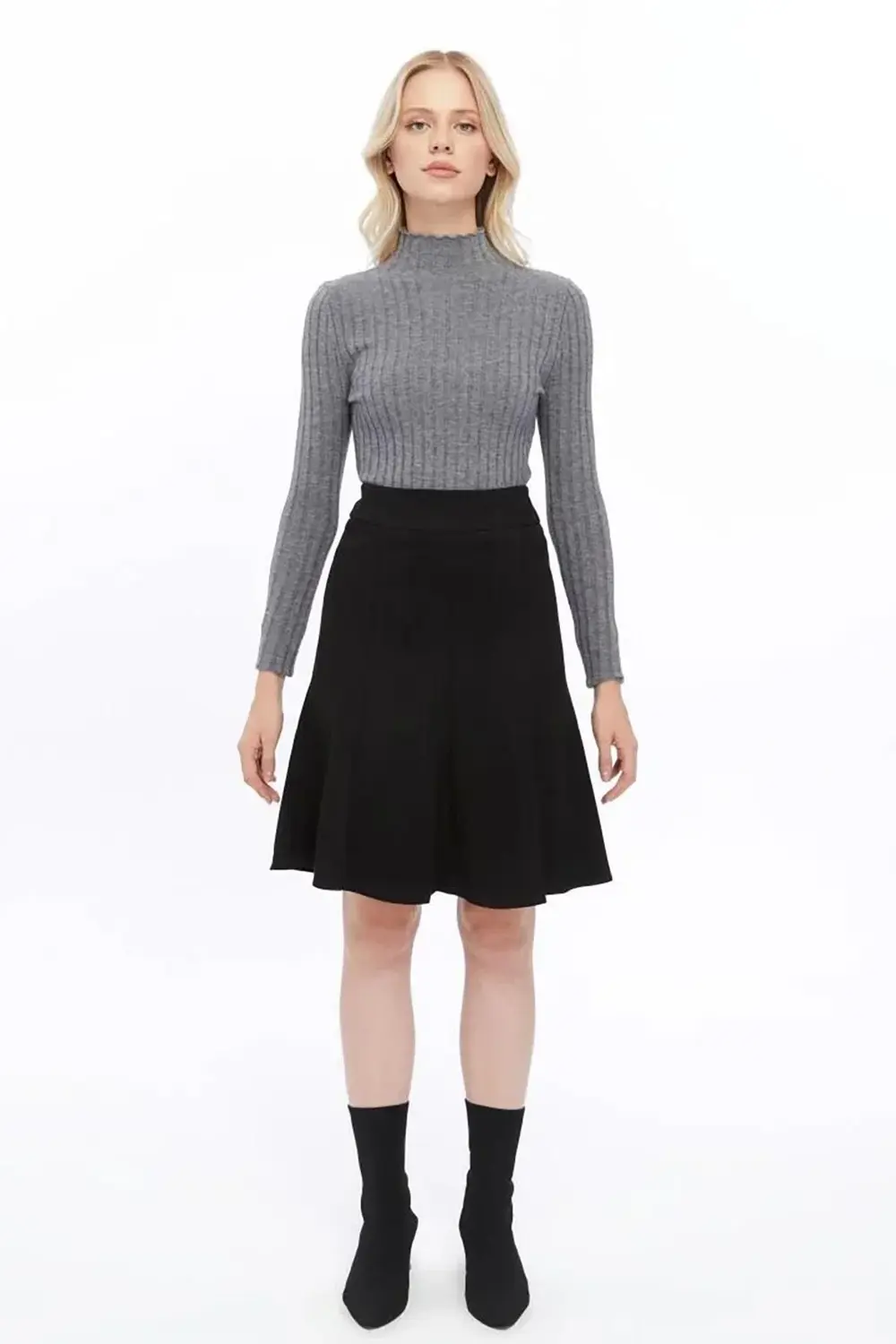 Apsen Kadın Siyah Kışlık Parçalı Midi Boy Kloş Süet Etek 2154-60