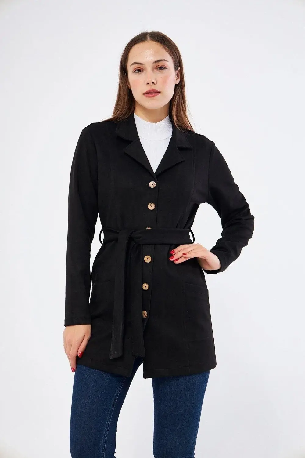 Apsen Kadın Siyah Kuşaklı Cep Detaylı Süet Ceket 6501/80