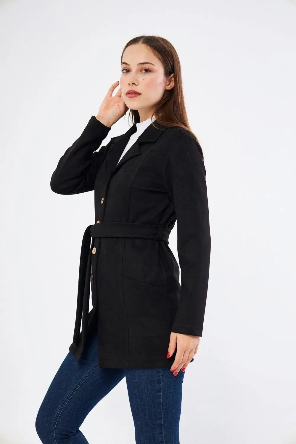 Apsen Kadın Siyah Kuşaklı Cep Detaylı Süet Ceket 6501/80