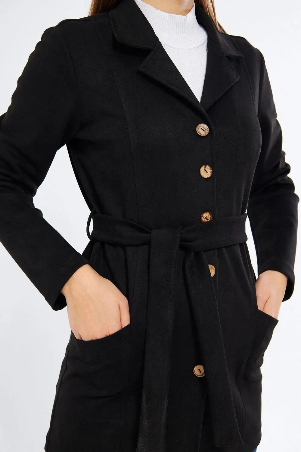 Apsen Kadın Siyah Kuşaklı Cep Detaylı Süet Ceket 6501/80